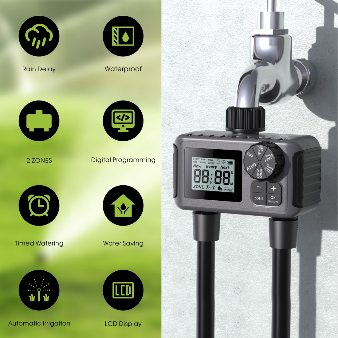 Dual-Channel Garden Irrigation Timer – LCD, 3 Programs