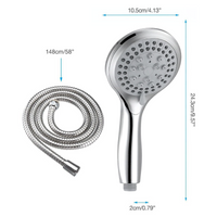 Handheld shower head with 58-inch hose; head is 4.13 in across and 9.57 in long