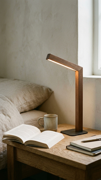 Minimalistische LED-Nachttischlampe mit Holzfuß