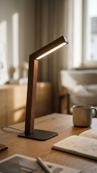Minimalistische LED-Nachttischlampe mit Holzfuß