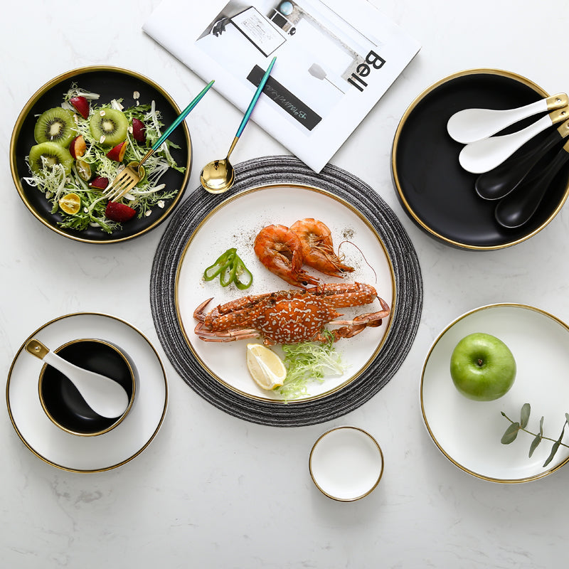 Black & White Ceramic Plate Set with Gold Rim