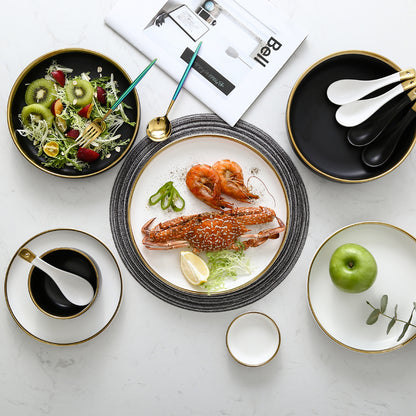 Black & White Ceramic Plate Set with Gold Rim