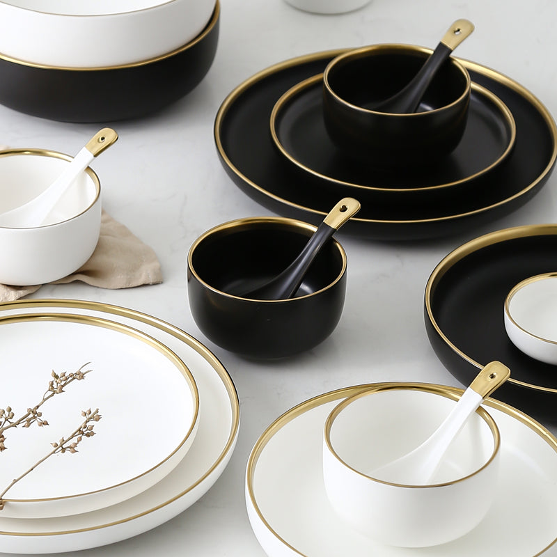 Black & White Ceramic Plate Set with Gold Rim