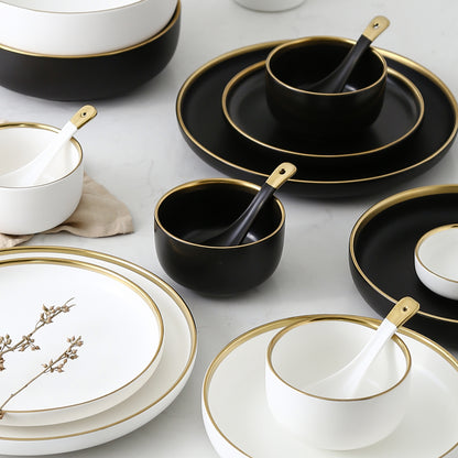 Black & White Ceramic Plate Set with Gold Rim