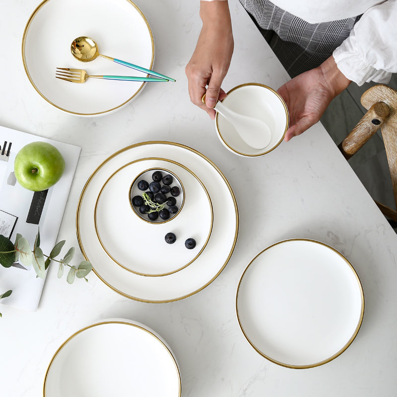 Black & White Ceramic Plate Set with Gold Rim