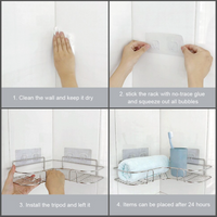 How to put up the caddy: clean the wall, stick the pads, hang the shelf, wait 24 hours