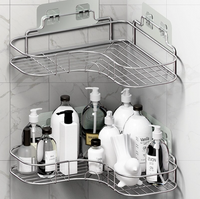 Two corner shower caddies stacked in a tiled shower (sold as one shelf)