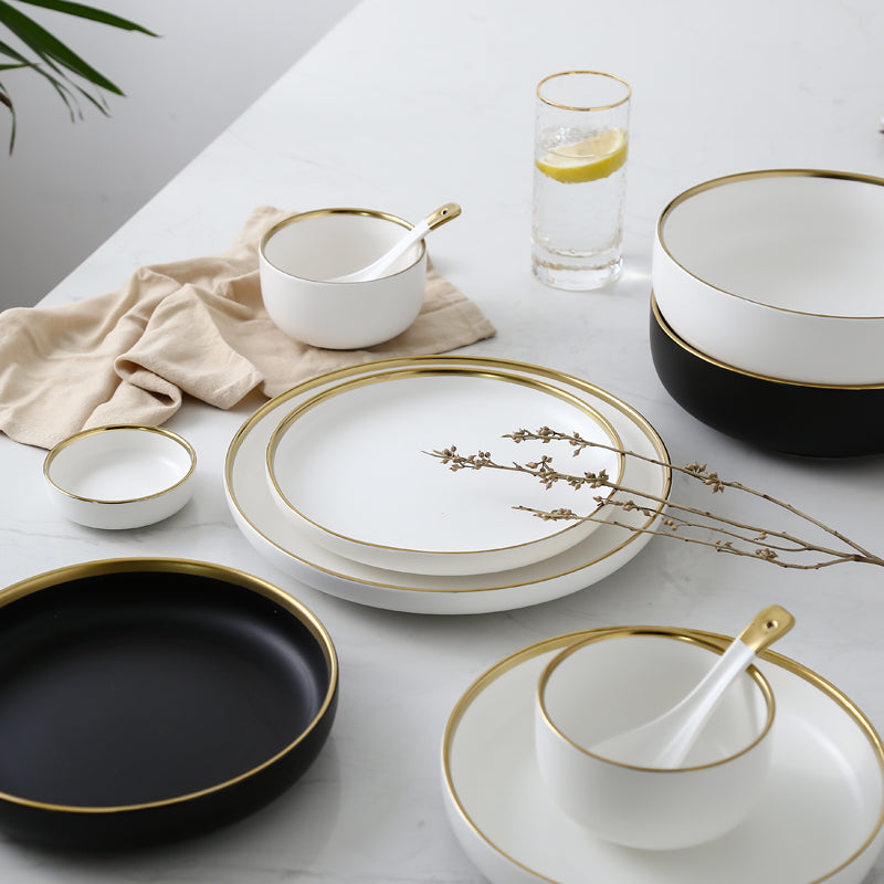 Black & White Ceramic Plate Set with Gold Rim