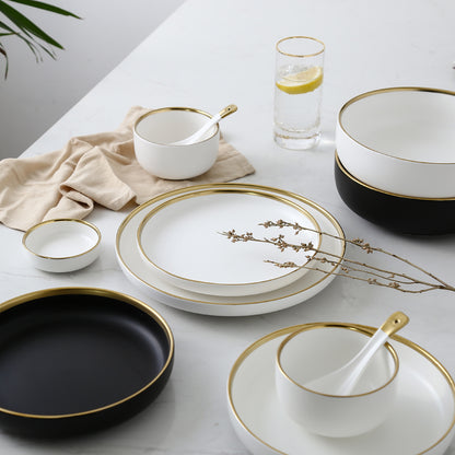 Black & White Ceramic Plate Set with Gold Rim