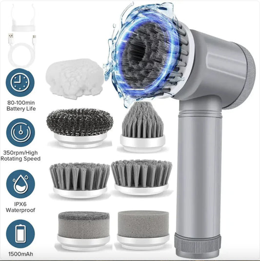 Handheld Electric Power Scrubber – 7 Brush Heads, IPX6 Waterproof, Rechargeable