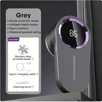 Gray fabric shaver with USB-C port and stainless steel blades