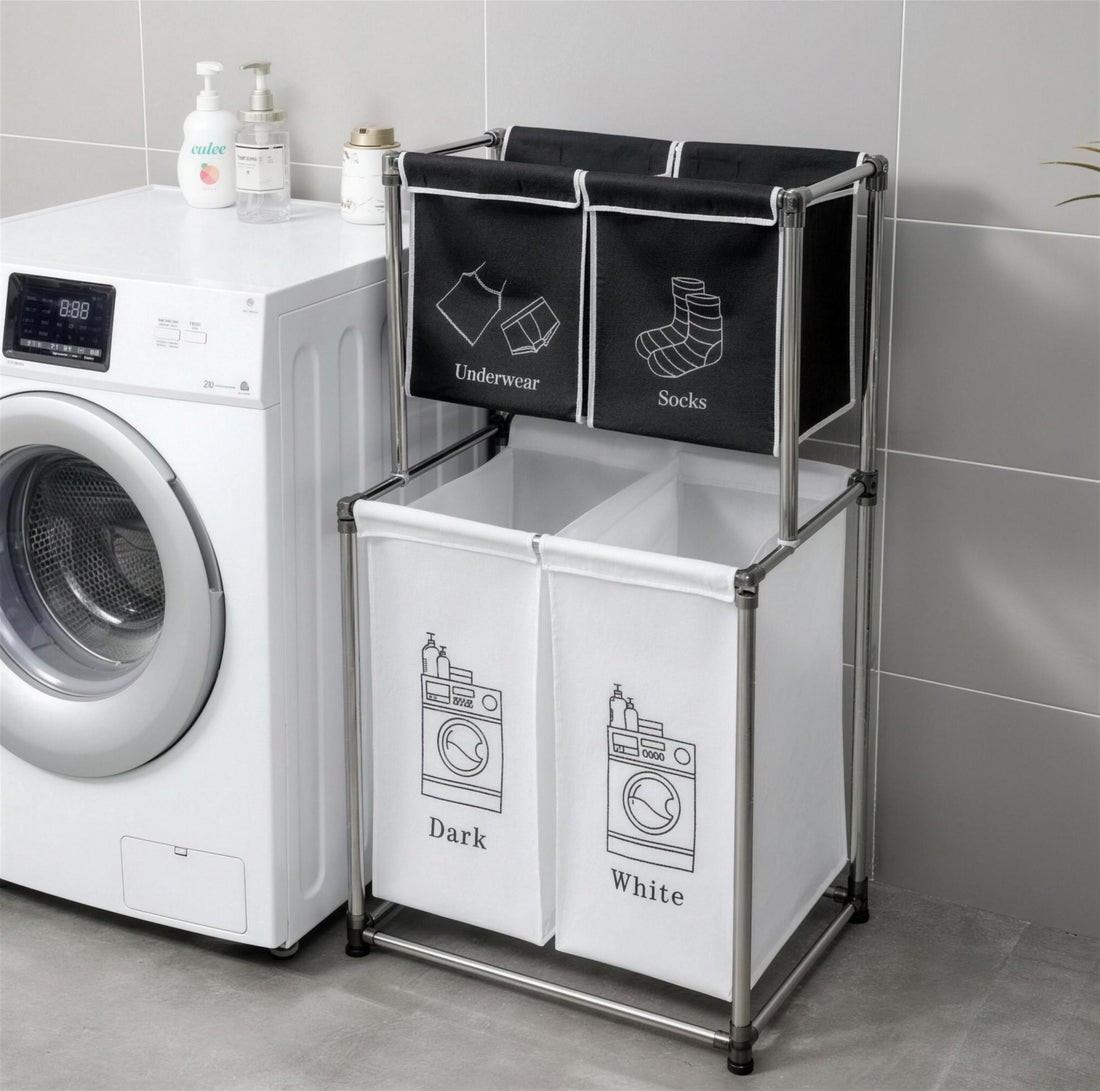 2-tier laundry sorter with Dark, White, Socks and Underwear bags beside a washing machine