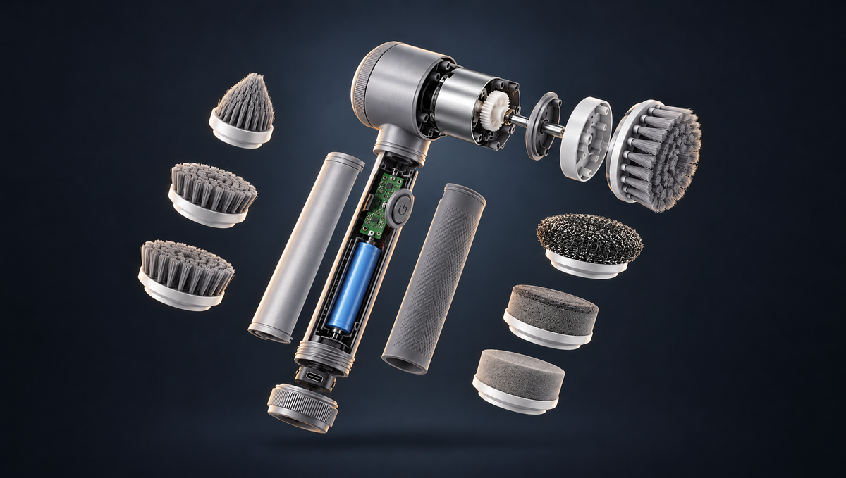 Electric Power Scrubber exploded view showing motor, battery and 7 brush heads
