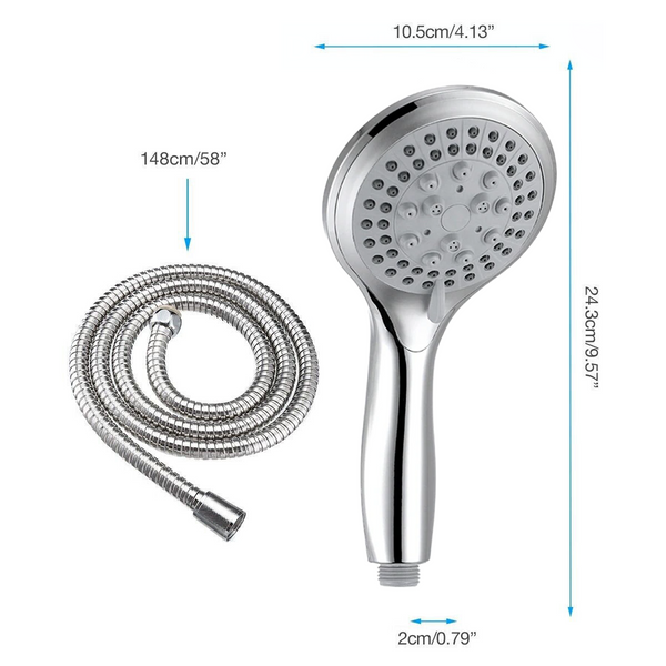 Handheld shower head with 58-inch hose; head is 4.13 in across and 9.57 in long