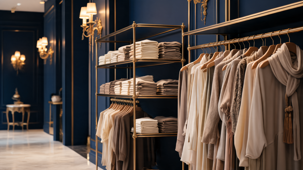 Elegant navy and gold boutique interior with folded knitwear and hanging garments