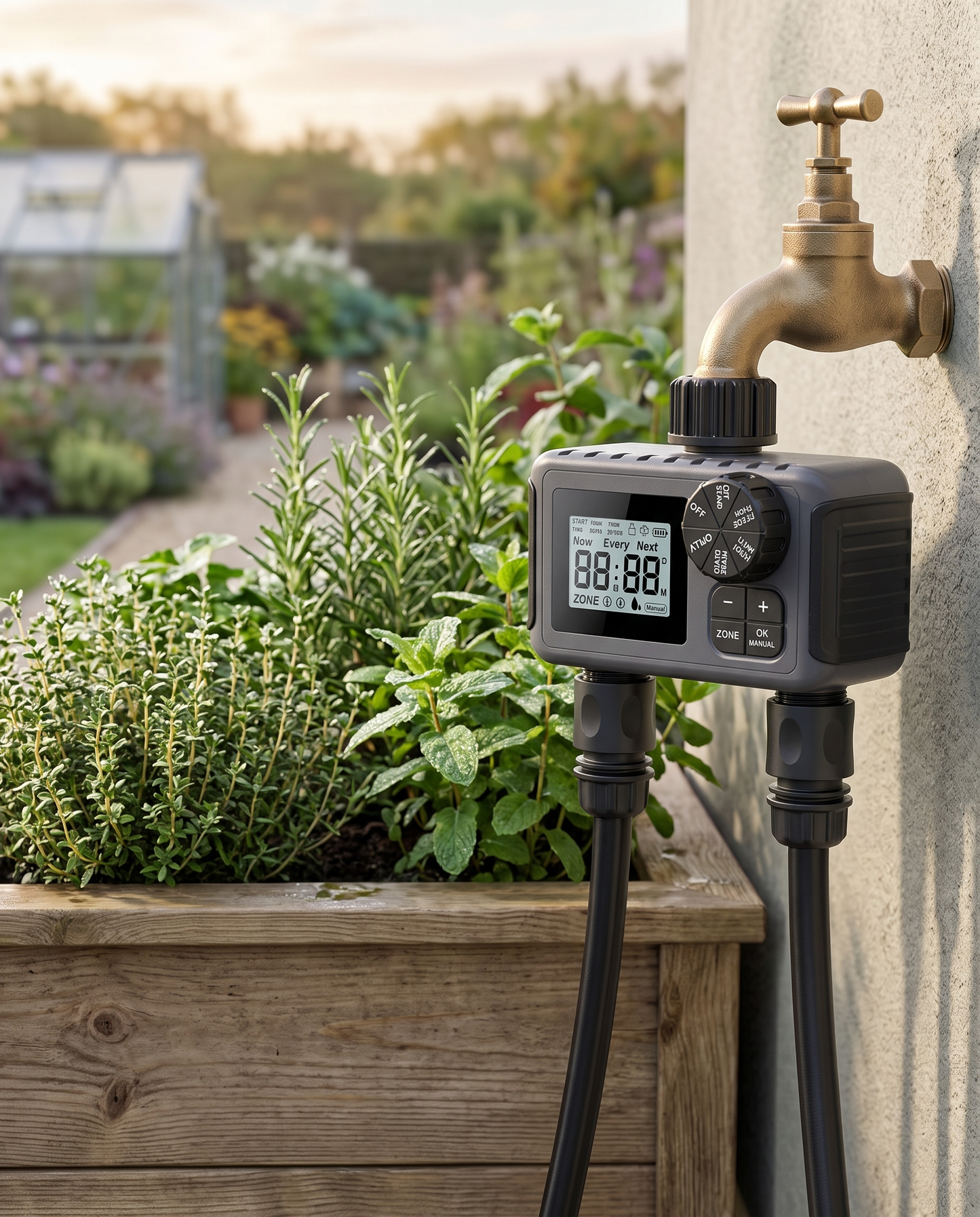 Dual-channel smart irrigation timer installed beside a garden planter